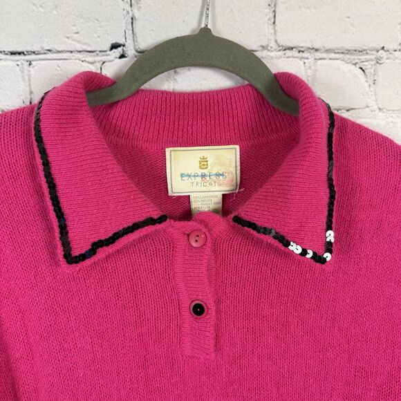 Express Tricot Vtg Knit Polo Sweater Lambswool Angora Rabbit Hair Pink Womens M - Picture 2 of 11